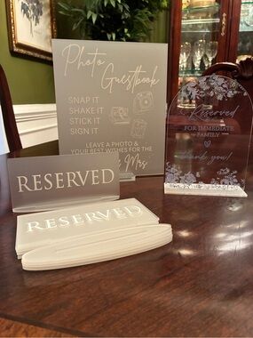 Acrylic Photo Guestbook & 6 Reserved Signs Set in Frosted White 1 For Family.